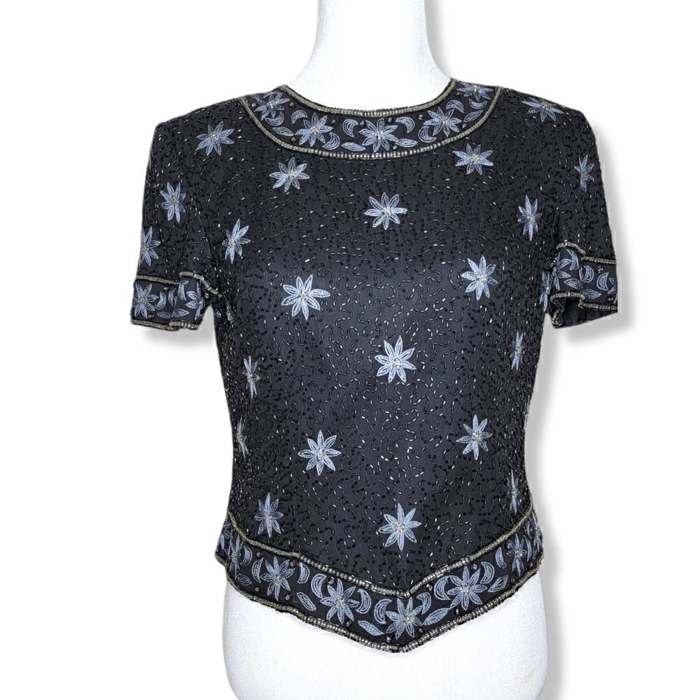 Cote D Azur Bead Embellished Cropped Silk Blouse Size Medium